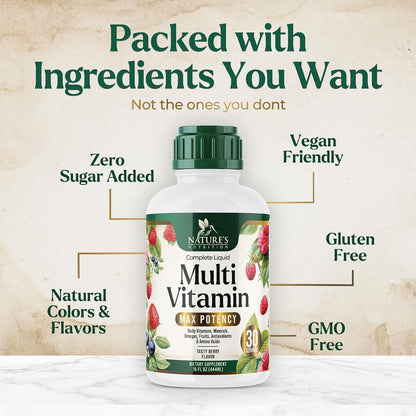 Liquid Multivitamin - Sugar Free Daily Multi Vitamin for Women, Men & Kids, Vitamins A, C, D, B12, Biotin & Zinc - Supports Normal Hair & Skin, Vegan, Non-GMO, Berry Flavour, 450 ml