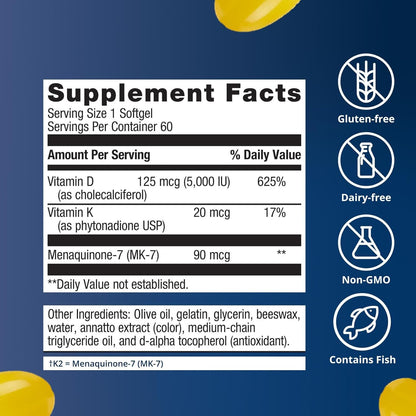 Metagenics Vitamin D3 and K2 5,000 IU with MK-7 – For Immune, Bone and Heart Health – Non-GMO, Gluten-Free – 60 Softgels