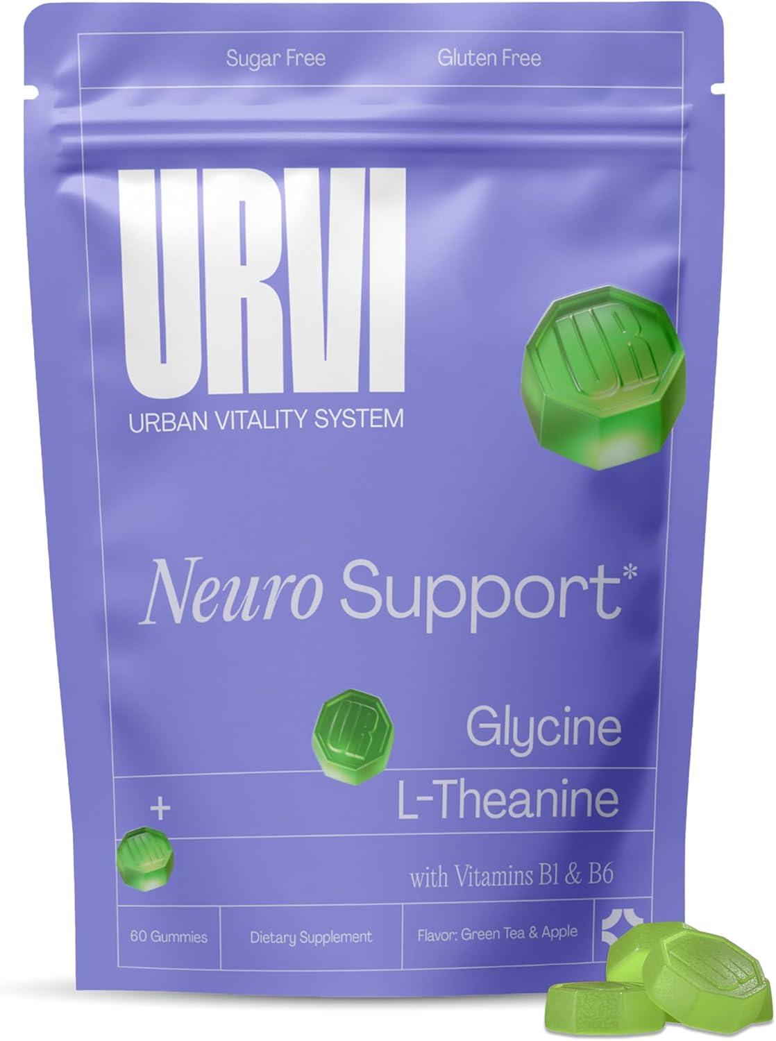 URVI Neuro Gummies – 500mg Glycine, 150mg L-Theanine, B1 & B6 for Relaxation & Sleep – Sugar-Free – 60 Count - görsel 1