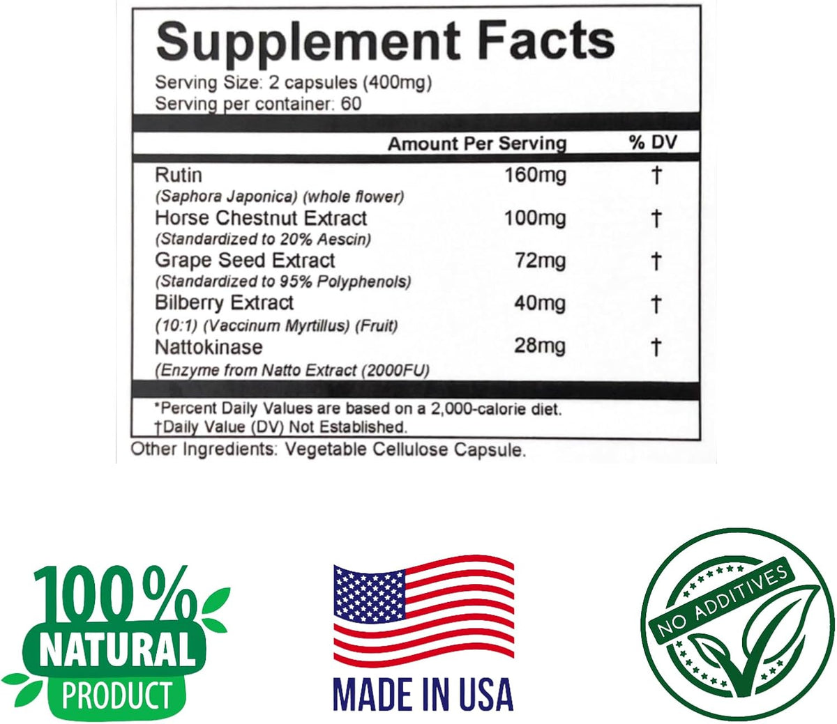 Natural Support for Healthy Veins - Rutin, Horse Chestnut, Grape Seed, Bilberry, Nattokinase - Promotes Optimal Vein Function - Circulation Support - görsel 4