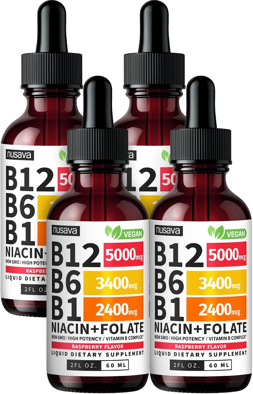 NUSAVA Vitamin B12 Liquid Drops 5000mcg - Sublingual B12 Complex with B6 & B1 - Methylcobalamin - Vegan, Non-GMO, Strawberry (4-Pack, 60 ml Each) - görsel 1