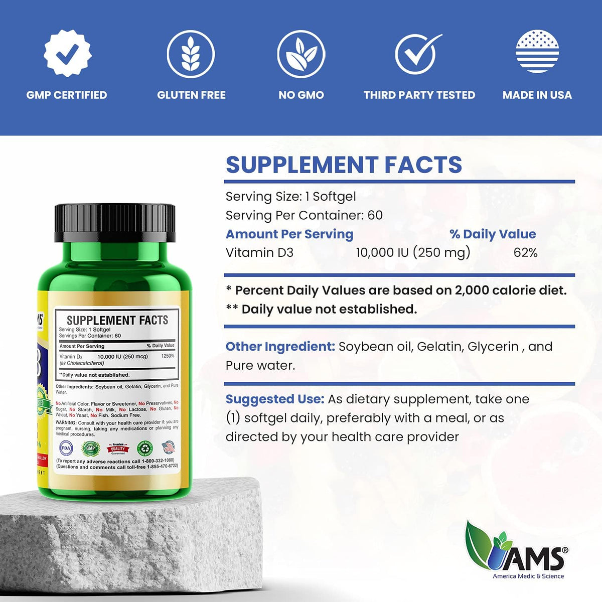 Xtra D3 Vitamin D3 10,000 IU (250 mcg) Supplement, 60 Softgels - görsel 6