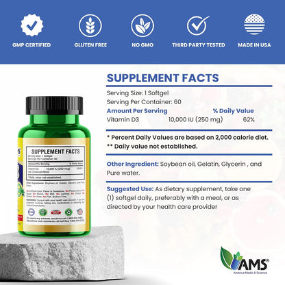 Xtra D3 Vitamin D3 10,000 IU (250 mcg) Supplement, 60 Softgels