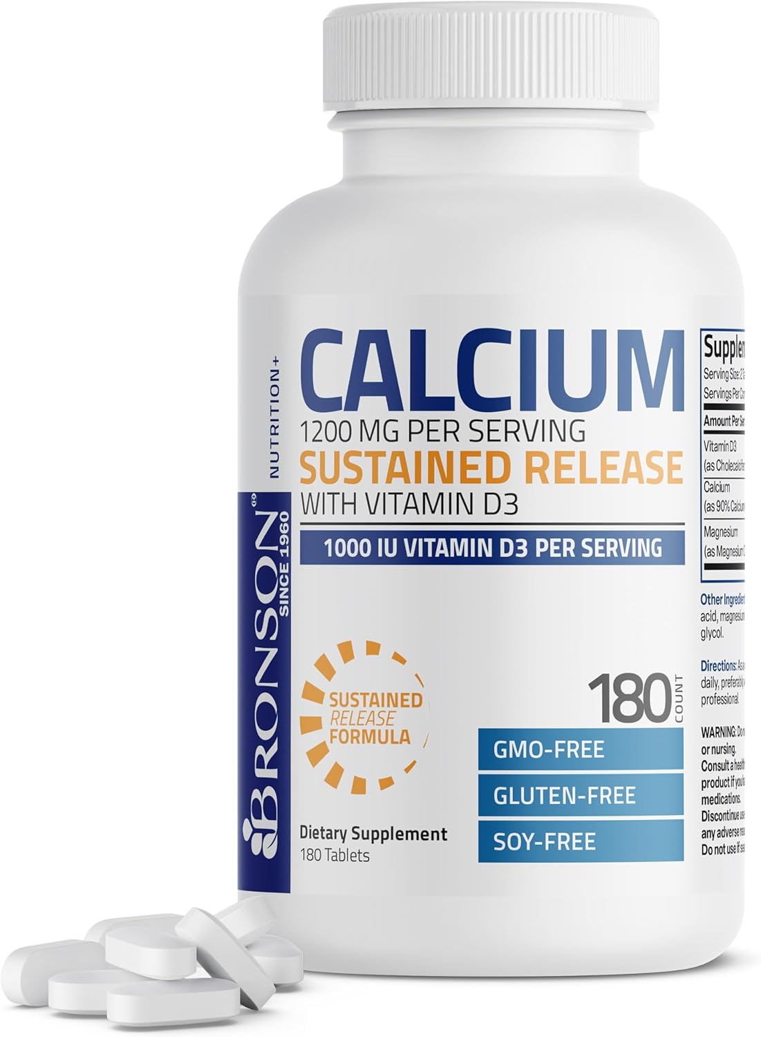 Bronson Calcium 1200 mg Sustained Release with Vitamin D3 1000 IU, 180 Tablets - görsel 1