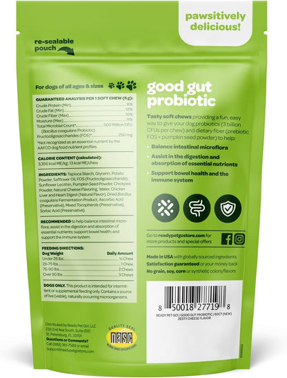 Ready Pet Go! Probiotic Chews for Dogs' Gut Health - Prebiotics and Digestive Enzymes, NASC Certified, 60 Chews