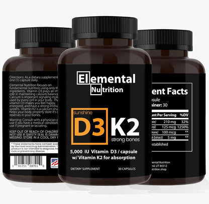 Vitamin K2 with D3 Extra Strength Supplement for Bone & Heart Health | Non-GMO Formula with 5000 IU Vitamin D3, 125 mcg Vitamin K2 (as MK-7) | Easy to Swallow Capsules, 30 Count