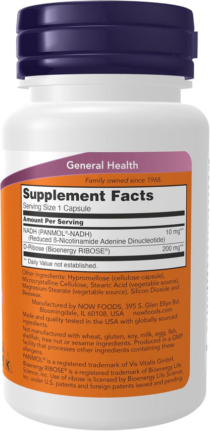 NOW Foods NADH 10 mg with D-Ribose, 60 Veg Capsules