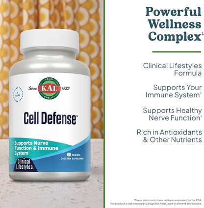 KAL Cell Defence Tablets - Mushroom Complex Supplement with Beta Carotene, Vitamins C, E, and B12 - Organic Reishi, Maitake, and Shiitake - Cellular Wellness for Adults - 60 Tablets