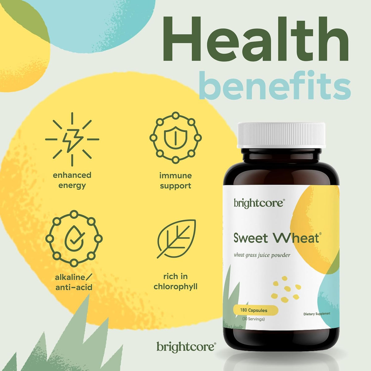 Brightcore Nutrition Sweet Wheat - Super Greens with Digestive Enzymes, 180 Capsules - görsel 2