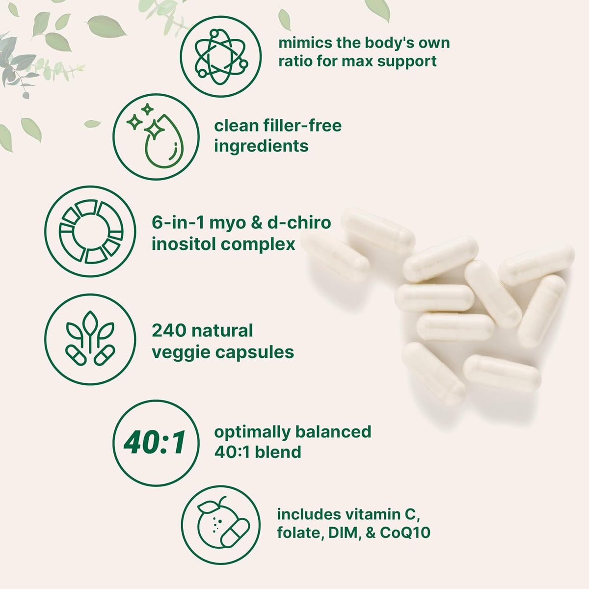 Myo-Inositol & D-Chiro Inositol 2,050mg | 240 Veggie Capsules + Vitamin C, Folate, DIM, & CoQ10 | Inositol Supplement for Women | 40:1 Ratio | Hormonal Balance & Ovarian Support | Filler Free - görsel 3