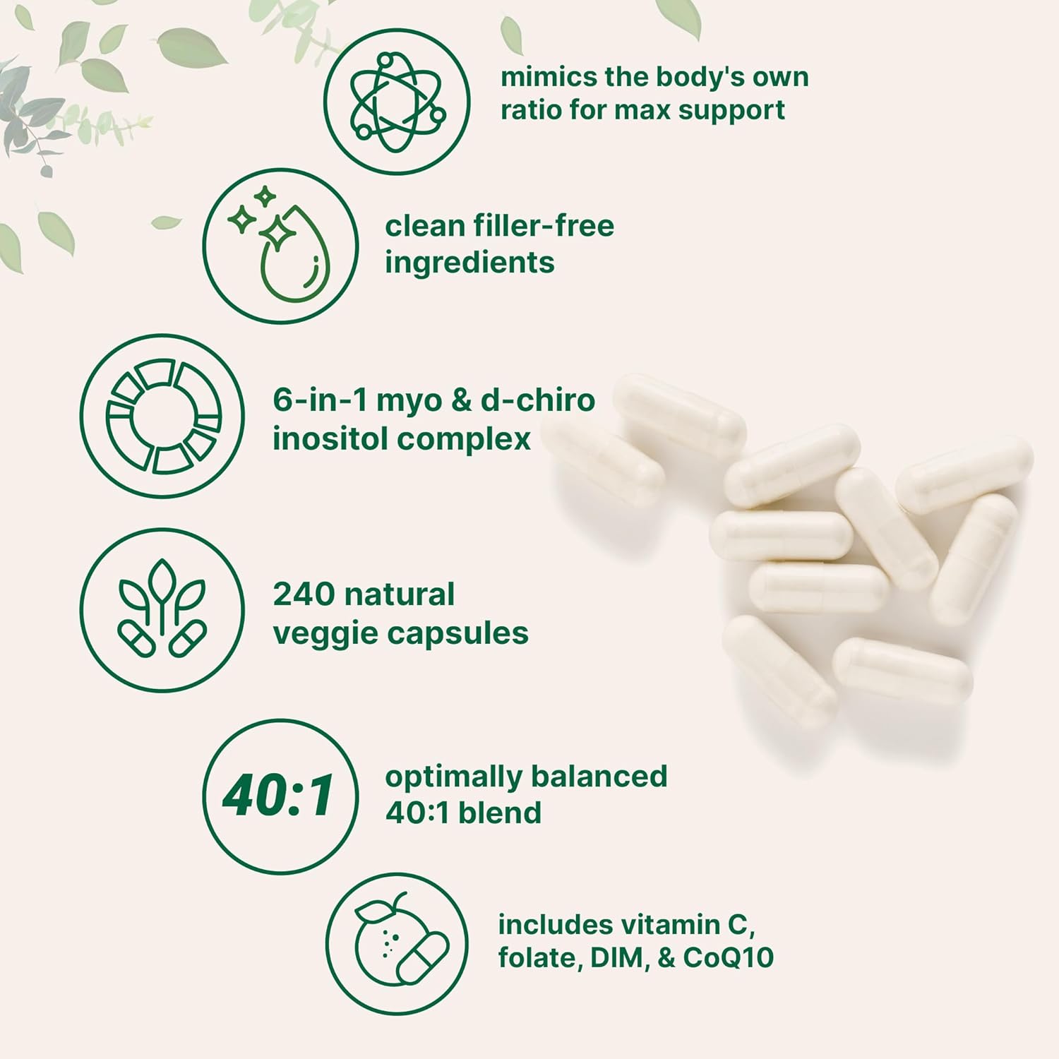 Myo-Inositol & D-Chiro Inositol 2,050mg | 240 Veggie Capsules + Vitamin C, Folate, DIM, & CoQ10 | Inositol Supplement for Women | 40:1 Ratio | Hormonal Balance & Ovarian Support | Filler Free - görsel 3