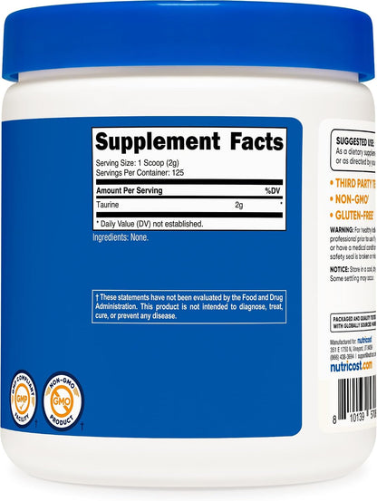 Nutricost Taurine Powder 250 Grams - 125 Servings, 2000mg Per Serving