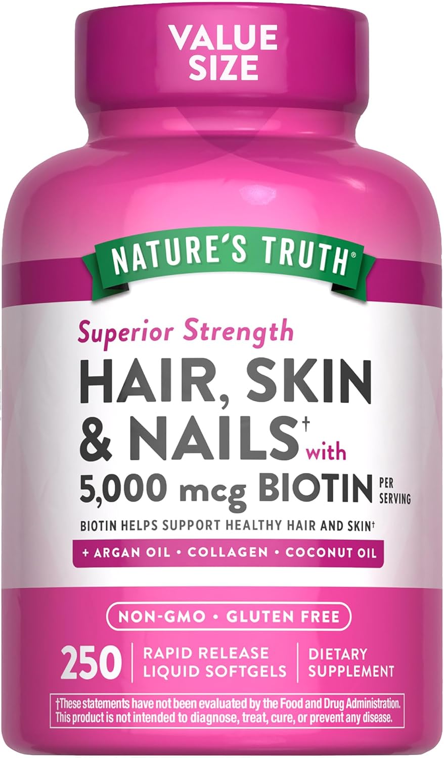 Nature's Truth Hair, Skin and Nails Biotin 5000mcg, 250 Softgels – Image 1