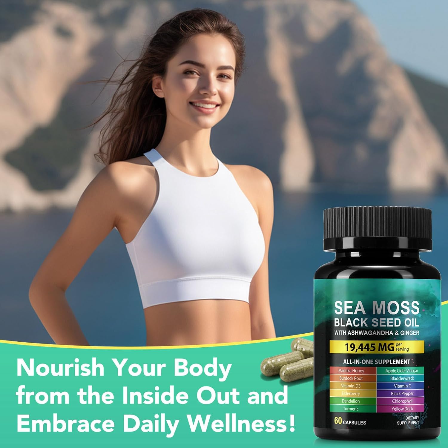 Sea Moss Black Seed Oil Ashwagandha Ginger Supplement - 60 Capsules - görsel 8