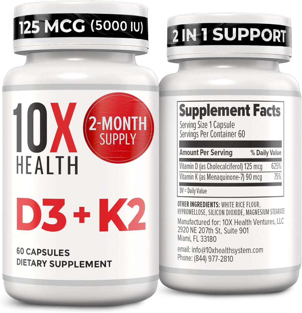 10X Health Vitamin D3 5000 IU & K2 MK7 - Menaquinone 7, High-Potency D3 K2 Supplement for Bone, Heart and Teeth - 60 Capsules - görsel 1