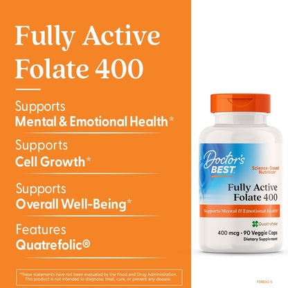 Doctor's Best Fully Active Folate with Quatrefolic, 400 mcg, 90 Vegetarian Capsules