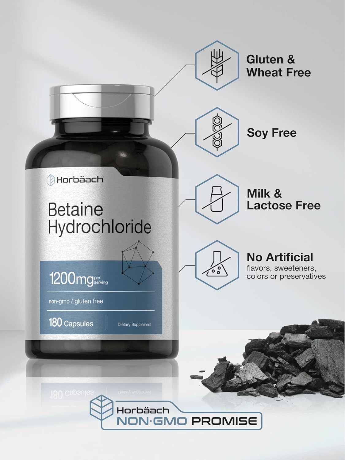 Horbäach Betaine HCl 1200mg - Betaine Hydrochloride Supplement (180 Capsules) - görsel 4