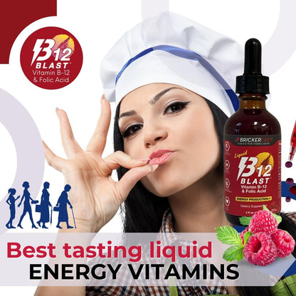 Bricker Labs B-12 Blast Liquid Vitamin B12 and Folic Acid Supplement, Natural Raspberry Flavour, 56 ml