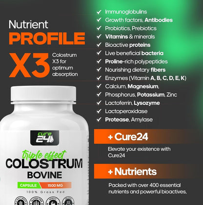 Cure24 Bovine Colostrum X3 Powder – 100% Pure Whole Natural Grass-Fed Superfood with High IgG, Probiotics and Prebiotics, Unflavoured