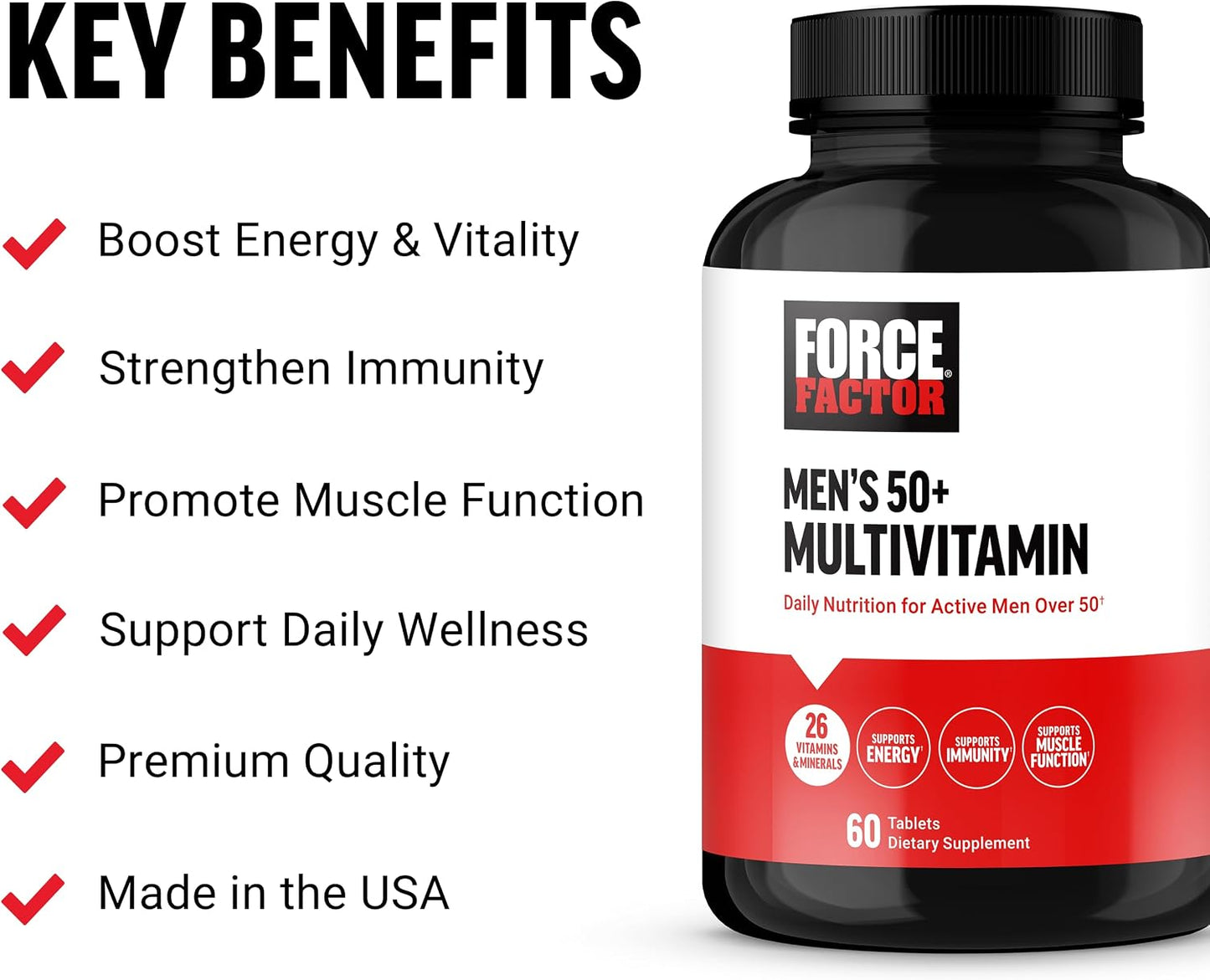 Force Factor Men’s Multivitamin 50 Plus - Daily Multivitamin with 26 Vitamins and Minerals for Energy, Immune Health, and Muscle Function (60 Tablets) - görsel 2