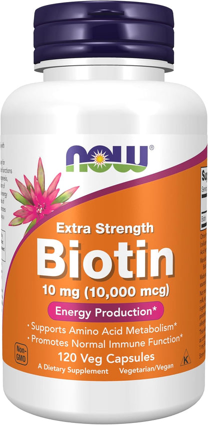 NOW Foods Biotin 10 mg (10,000 mcg), Extra Strength, 120 Veg Capsules