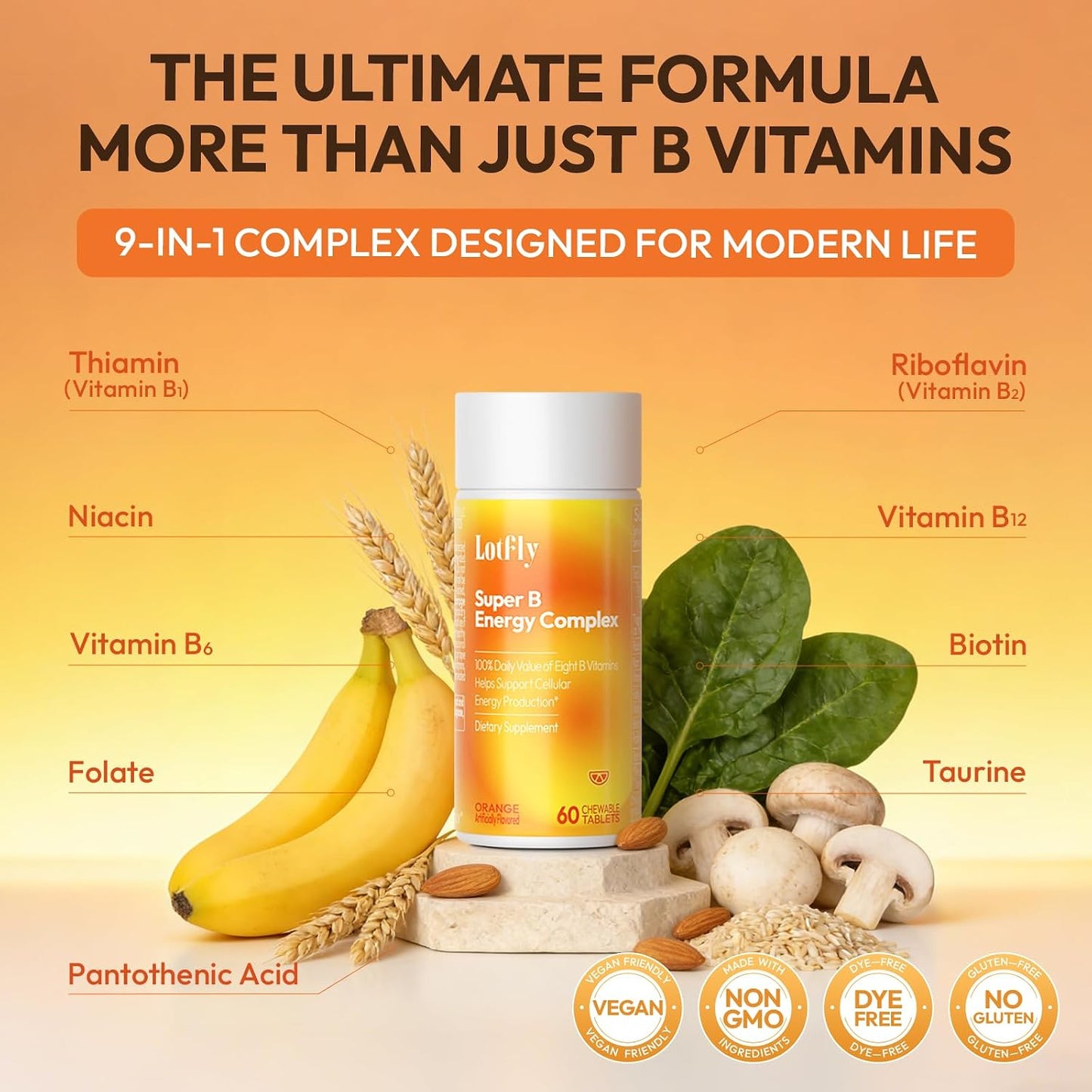 LOTFLY Vitamin B Complex – 120 Chewable Tablets with B1, B2, B3, B5, B6, B7, B9, B12 & Taurine - görsel 5