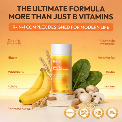 LOTFLY Vitamin B Complex – 120 Chewable Tablets with B1, B2, B3, B5, B6, B7, B9, B12 & Taurine