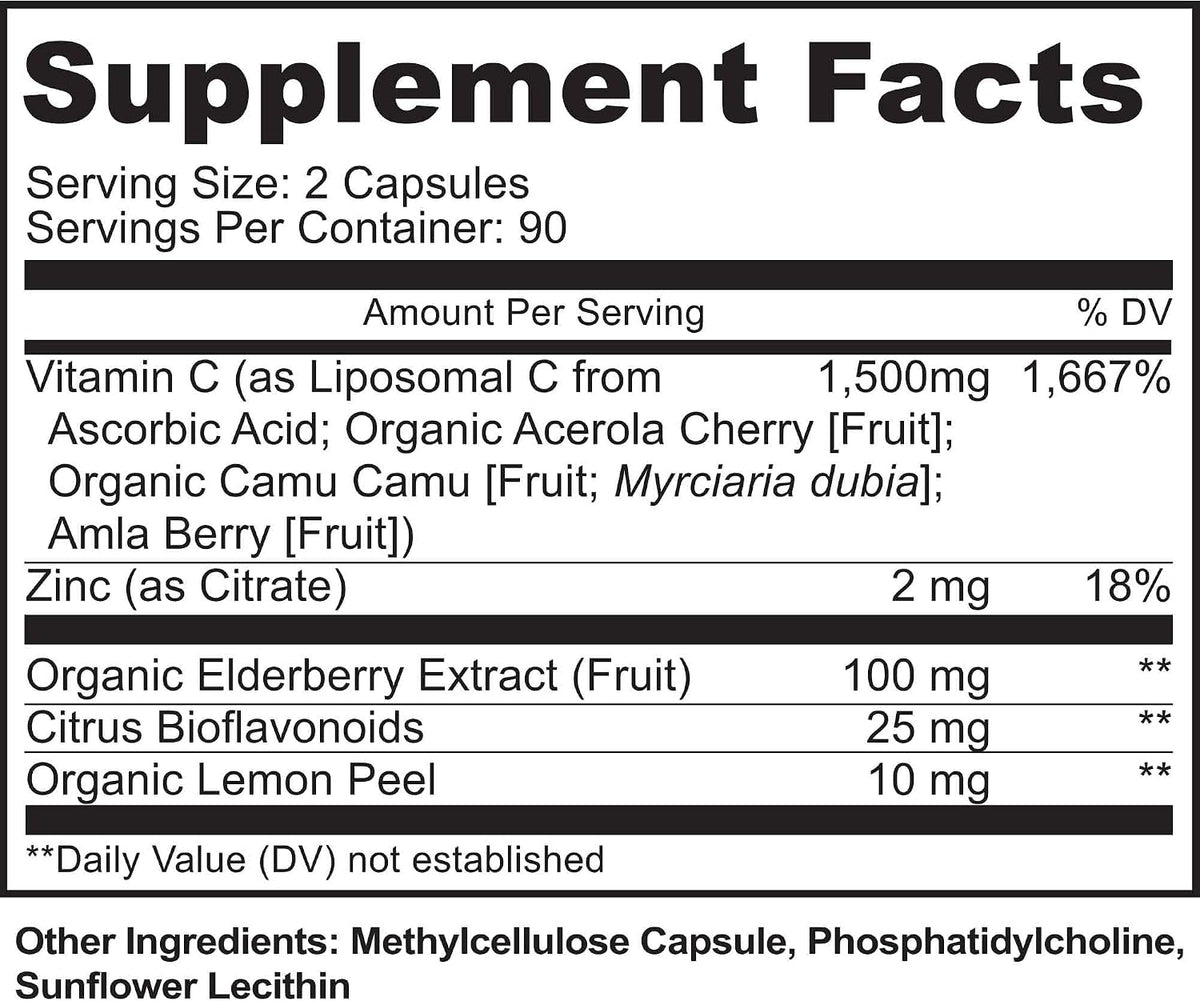 Liposomal Vitamin C with Zinc Capsules - Immune Support, 1500mg per Serving, 180 Veggie Caps (3-Month Supply) - görsel 2