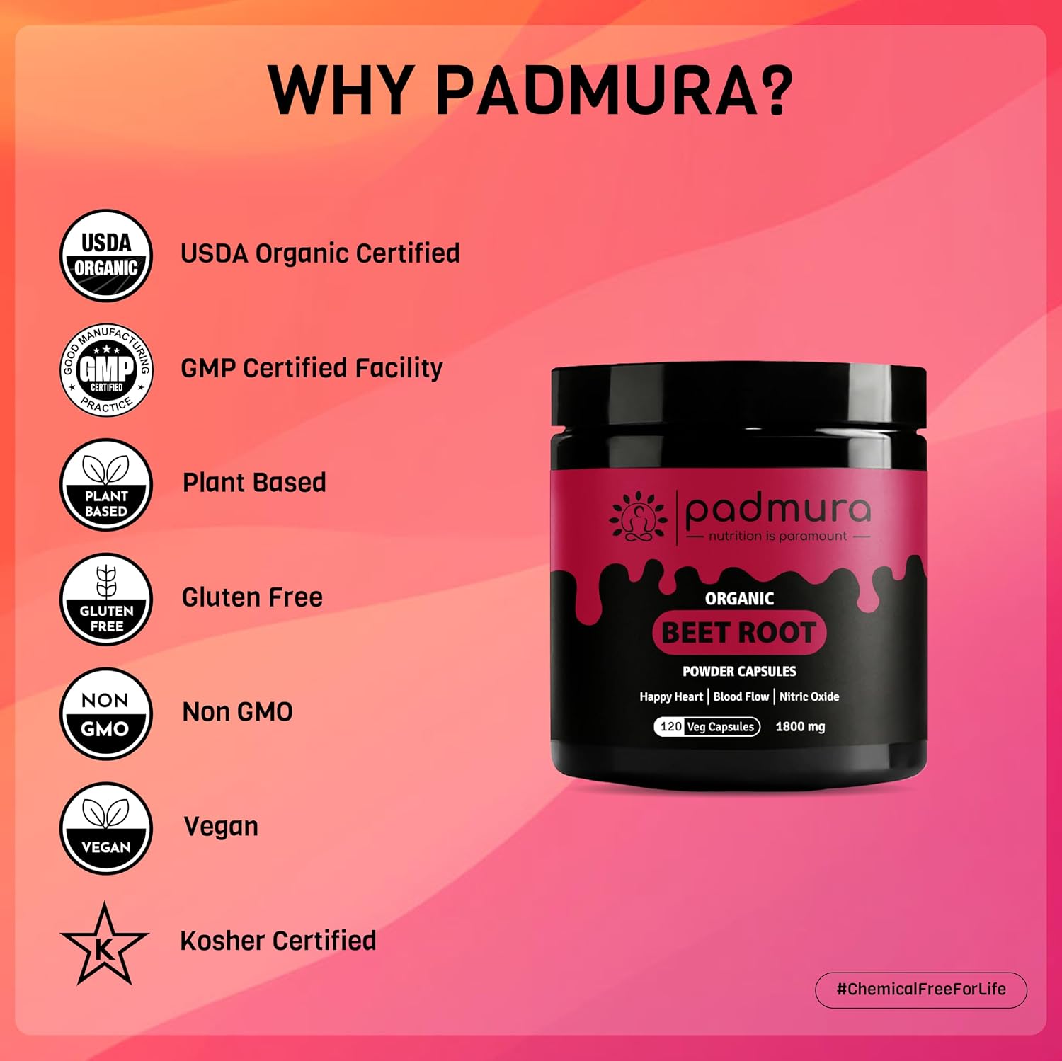 PADMURA Organic Beet Root Powder Capsules, 1800mg, 120 Vegan Capsules - USDA Organic, Non-GMO, Gluten-free - görsel 6