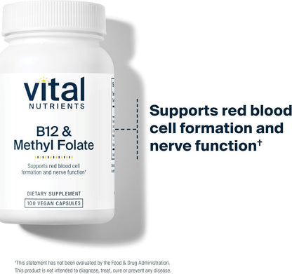 Vital Nutrients Vitamin B12 & Methyl Folate – Vegan Methylated B12 and 5-MTHF – 100 Capsules