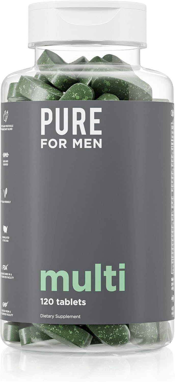 Pure for Men Multivitamin Supplement for Men: Energy, Mood & Bone Support with 42 Fruits & Vegetables, 120 Vegan Tablets - görsel 1