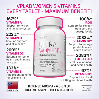 VPLab Ultra Women's Multivitamin Formula - Supplement for Hair, Skin & Nails with Biotin, Iron, Vitamin B, D, C & Zinc, Folate - Daily Women's Health & Wellbeing, 90 Caplets