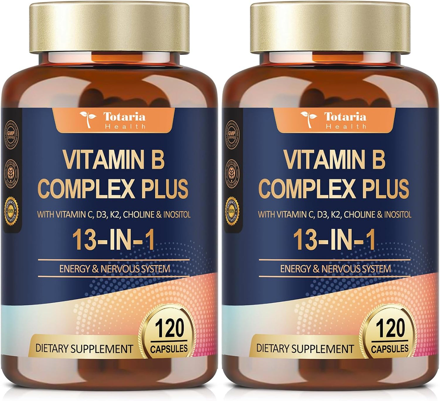 13-in-1 Vitamin B Complex Plus with B1, B2, B3, B4, B5, B6, B7, B8, B9, B12, C, D3, K2 - 120 Capsules (2-Pack) - görsel 1