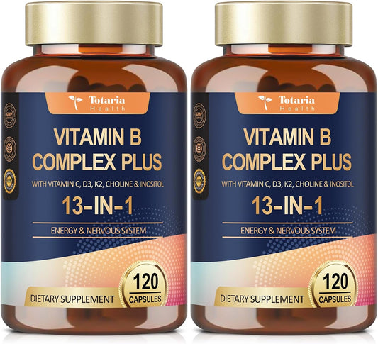 13-in-1 Vitamin B Complex Plus with B1, B2, B3, B4, B5, B6, B7, B8, B9, B12, C, D3, K2 - 120 Capsules (2-Pack)
