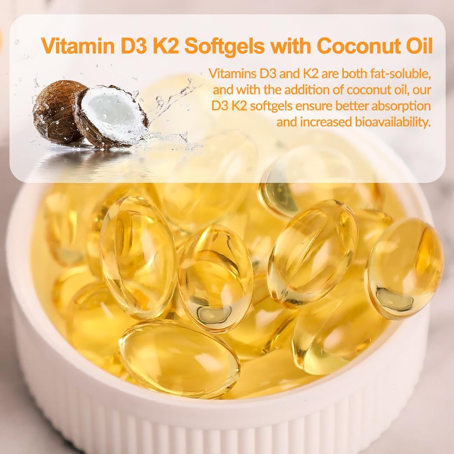 Novafun Vitamin D3 K2 10000 IU + K2 MK-7 200 mcg with Coconut Oil, 90 Soft gel capsules - görsel 3