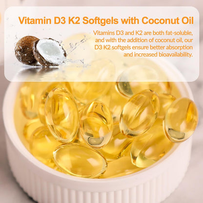 Novafun Vitamin D3 K2 10000 IU + K2 MK-7 200 mcg with Coconut Oil, 90 Soft gel capsules