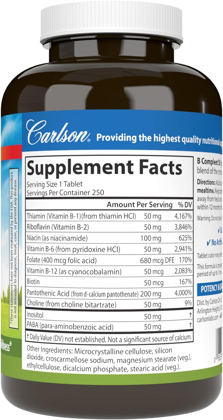 Carlson - B Compleet 50, Balanced Vitamin B Complex, Energy Production, Cellular Support & Optimal Wellness, 250 Tablets - görsel 2