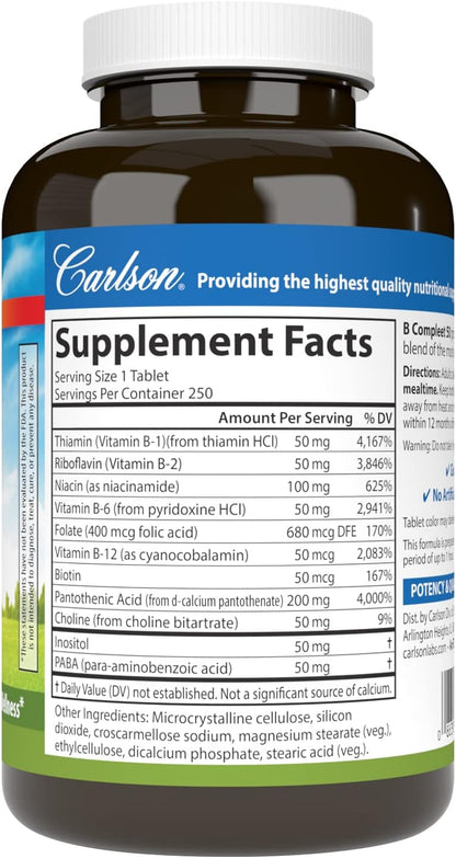 Carlson - B Compleet 50, Balanced Vitamin B Complex, Energy Production, Cellular Support & Optimal Wellness, 250 Tablets