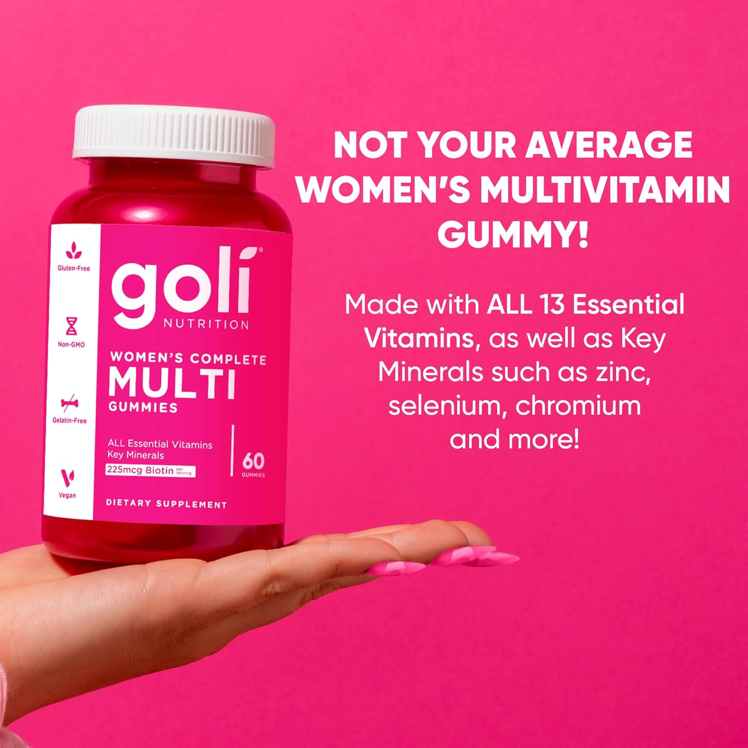 Goli Women's Multi Gummies - Complete Daily Multivitamin with All 13 Essential Vitamins, Biotin, Zinc - Supports Hair, Skin, Nails, Immune System - Vegan, Non-GMO - 60 Gummies (2 Pack) - görsel 4