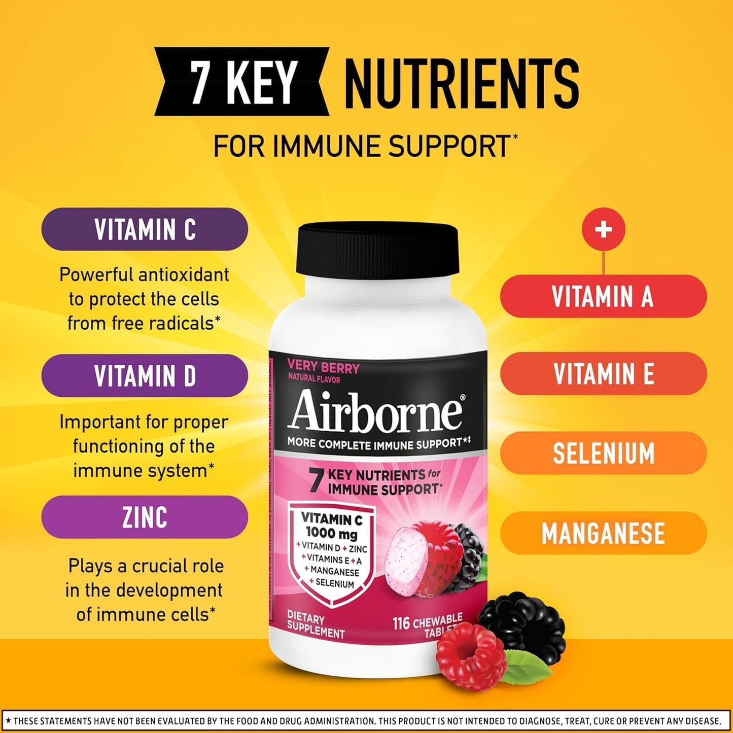 Airborne 1000mg Vitamin C + Zinc Chewable Tablets, Very Berry Flavour (2 Pack) - görsel 4
