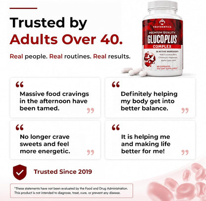 Truthentics GlucoPlus Metabolic Support - Cinnamon, Chromium, Gymnema, 60 Capsules