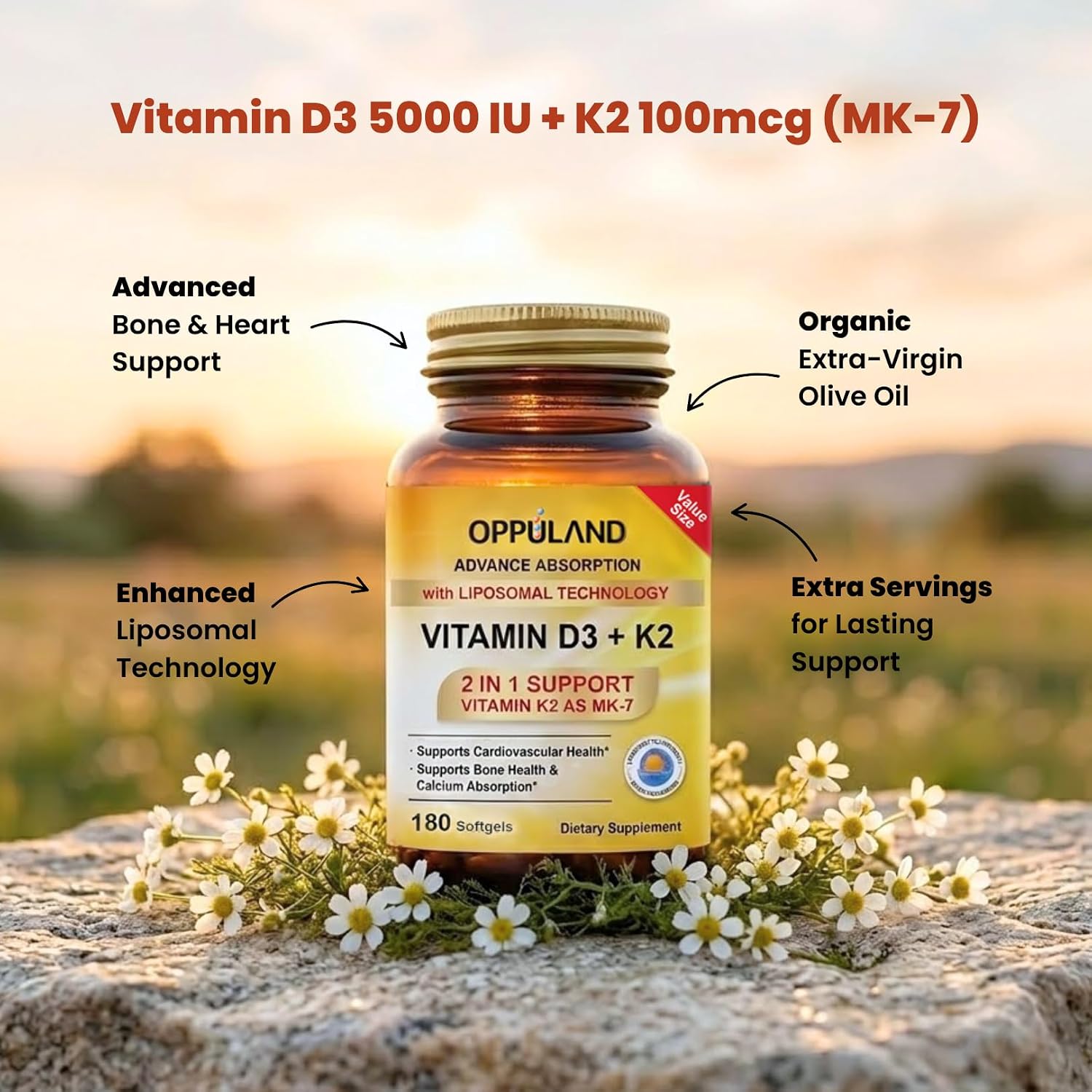 oppuland Vitamin D3 + K2 5000 IU - Liposomal Enhanced Absorption - MK-7 100mcg - 180 Softgels - görsel 2