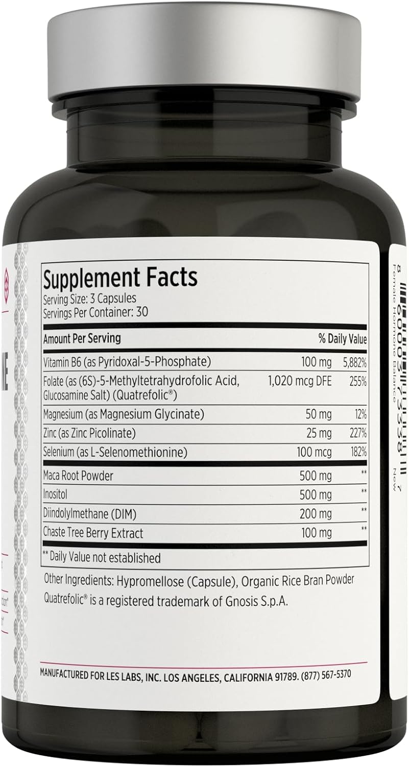 LES Labs Female Hormone Balance Supplement - Hormone Support for Women with Inositol, DIM, Vitex, Chaste Tree, Vitamin B6 and Folate, Menstrual Cycle and Fertility Support, 90 Capsules, Non-GMO - görsel 2