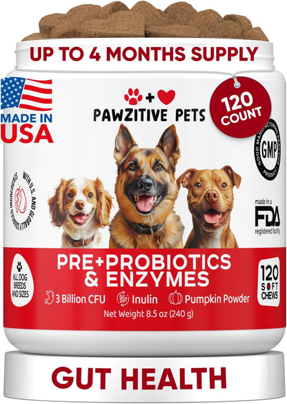 Pawzitive Pets Probiotics for Dogs - Digestive Health Chews with Enzymes