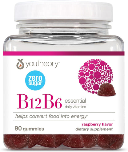 Youtheory Vitamin B12 B6, Daily Energy and Nervous System Support Supplement, Liquid Raspberry Flavour, 12 – 1 oz Single Serving Packets