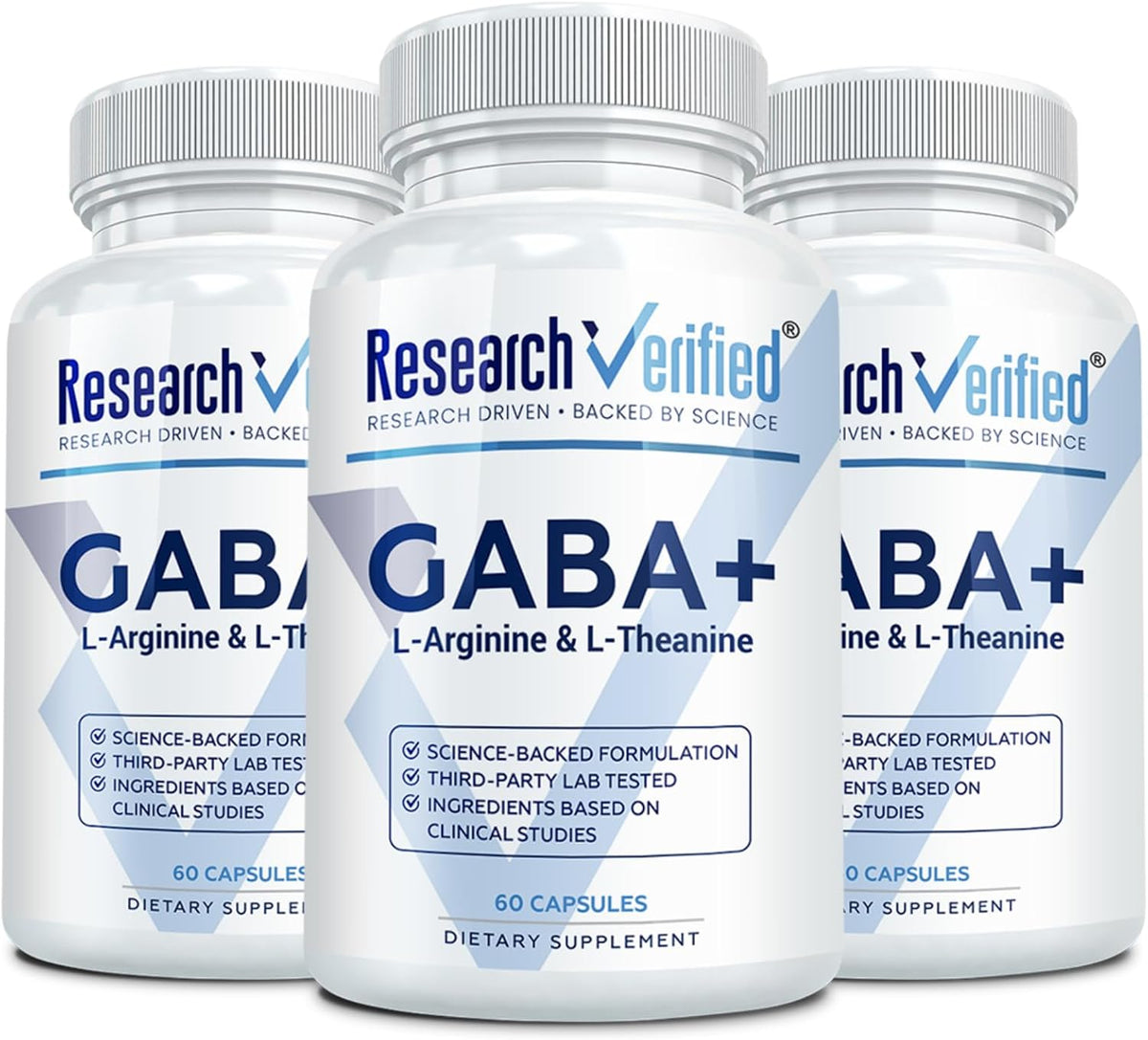 Research Verified GABA+ - Relaxation, Mood & Sleep Support - 600mg GABA, L-Arginine, L-Theanine, P5P, BioPerine - 60 Vegan Capsules (Pack of 3) - görsel 1