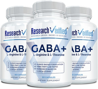 Research Verified GABA+ - Relaxation, Mood & Sleep Support - 600mg GABA, L-Arginine, L-Theanine, P5P, BioPerine - 60 Vegan Capsules (Pack of 3)
