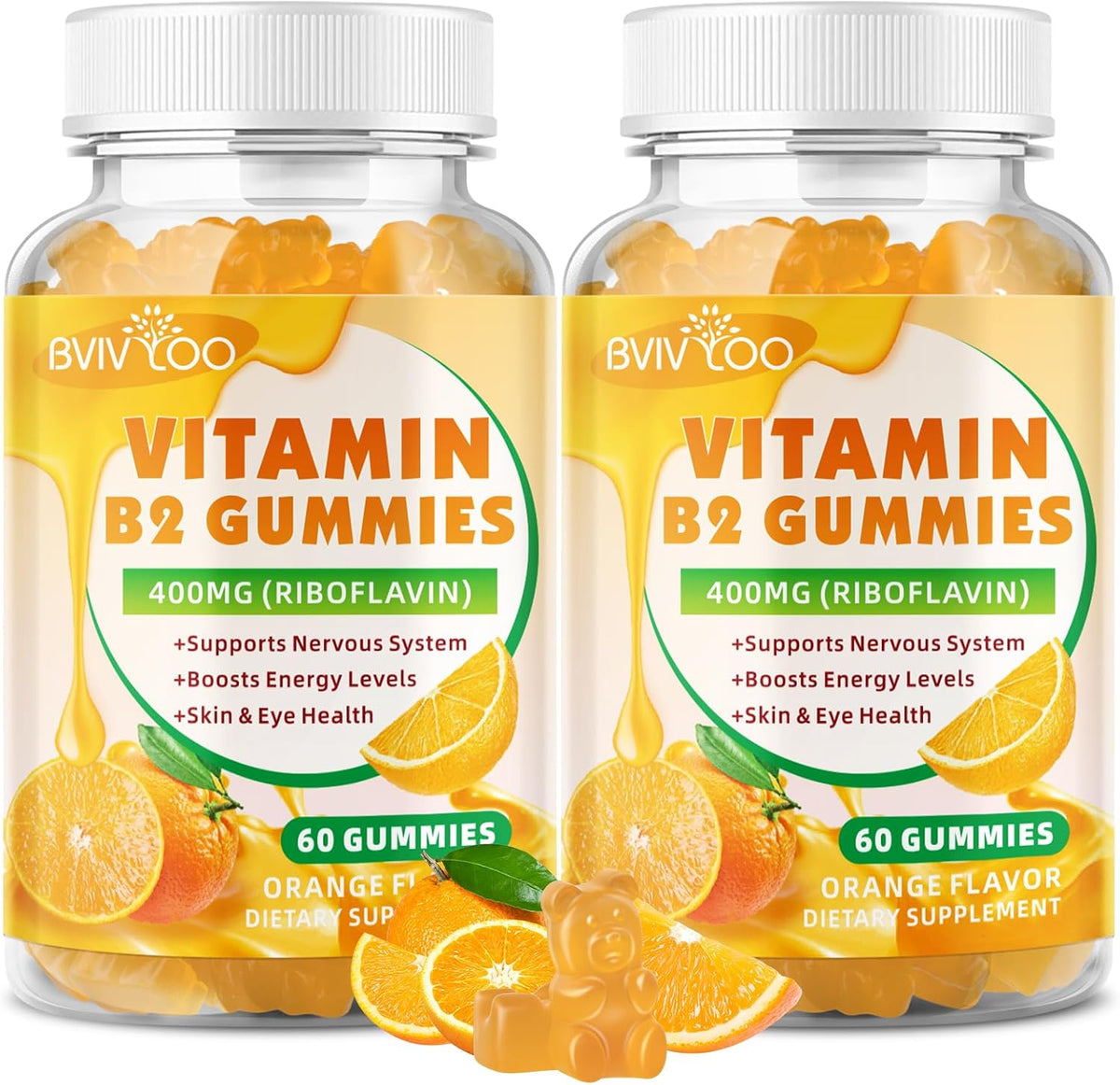 BVIVLOO Vitamin B2 Gummies - Riboflavin 400mg, Vegan, Sugar-Free, Orange Flavour (2 Pack, 120 Gummies) - görsel 1