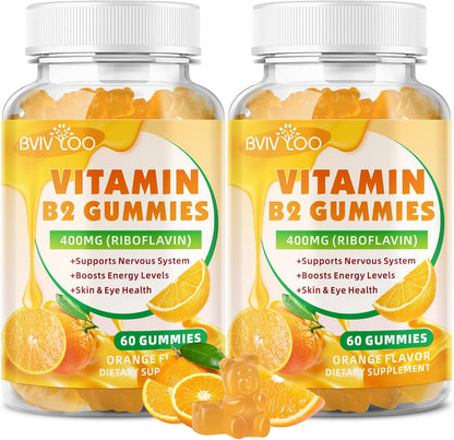 BVIVLOO Vitamin B2 Gummies - Riboflavin 400mg, Vegan, Sugar-Free, Orange Flavour (2 Pack, 120 Gummies)