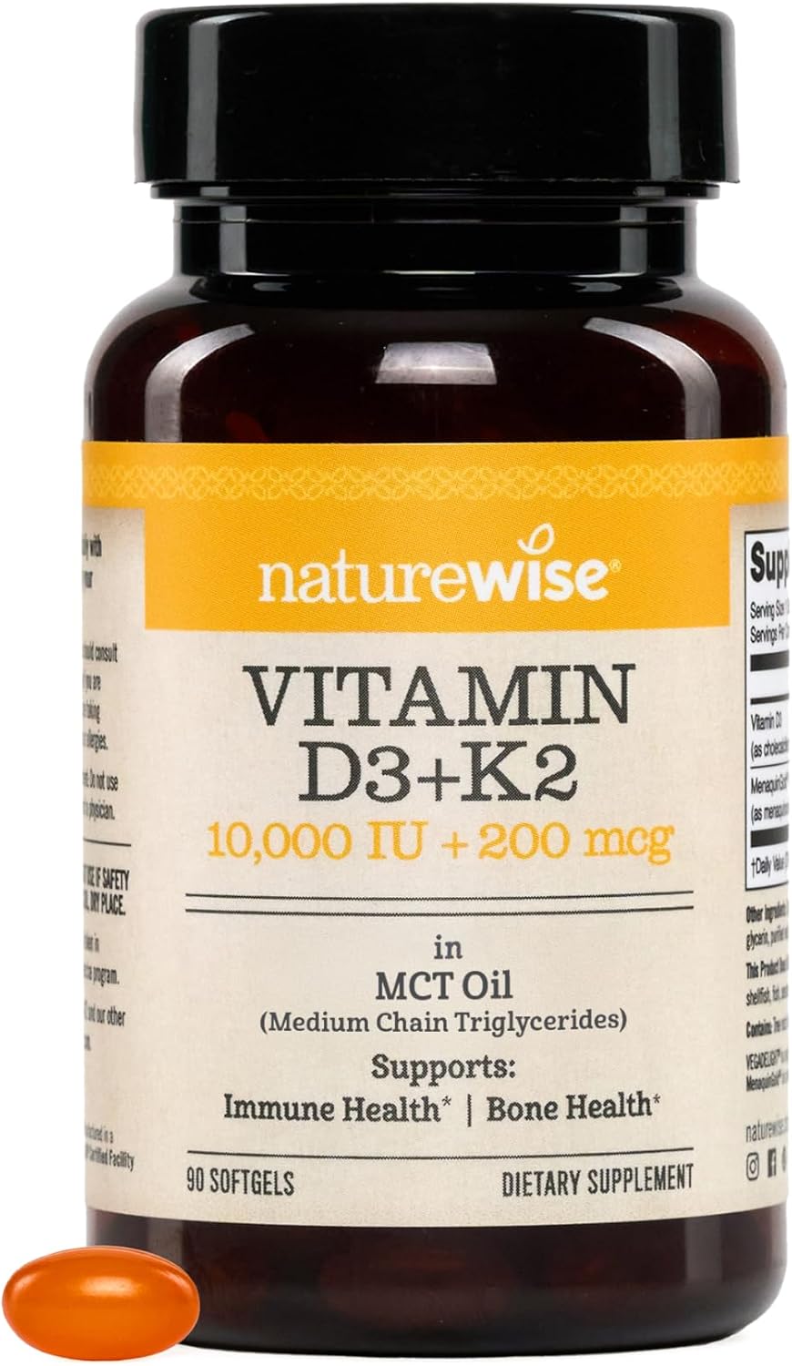 NatureWise Vegan Vitamin D3 + K2 with Organic MCT Oil – 10,000 IU D3, 200 mcg K2 – 90 Soft gel capsules - görsel 1